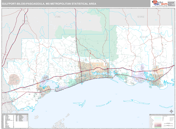Gulfport-Biloxi-Pascagoula Metro Area Wall Map Premium Style